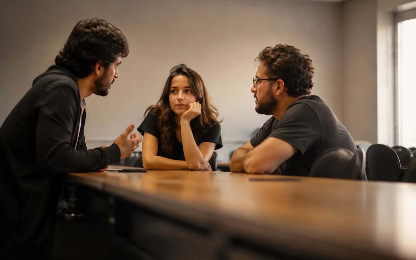 Três participantes conversam ao redor de uma mesa comprida numa sala clara de janelas altas