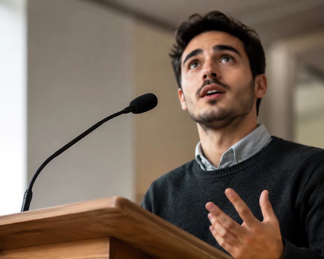 Participante ergue a mão para pedir a palavra numa mesa coberta de folhas anotadas