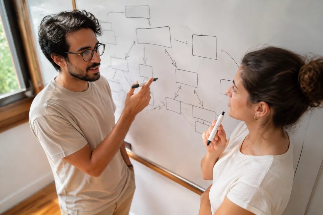 Facilitadora aponta para um mapa de argumento desenhado no quadro branco enquanto um participante acompanha